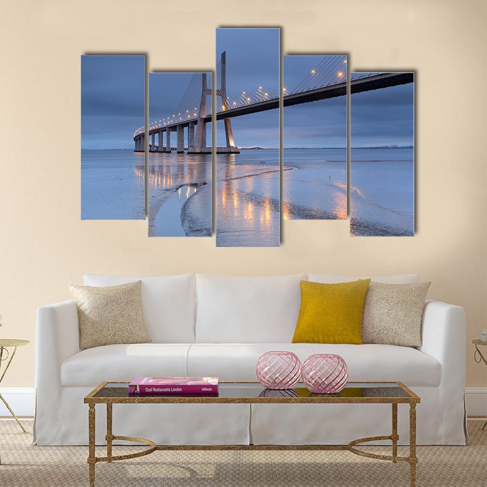 Vasco Da Gama Bridge Canvas Wall Art-5 Pop-Gallery Wrap-47" x 32"-Tiaracle