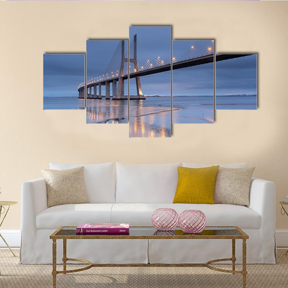 Vasco Da Gama Bridge Canvas Wall Art-5 Star-Gallery Wrap-62" x 32"-Tiaracle