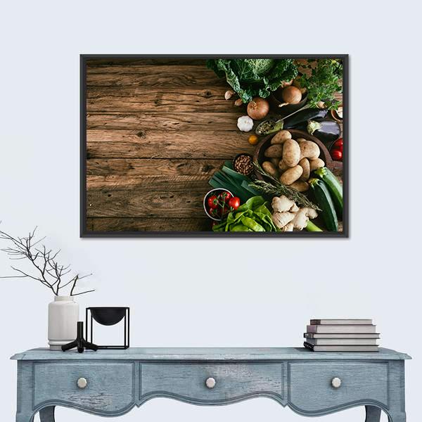 Vegetables On Wood Ready For Cooking Canvas Wall Art-1 Piece-Floating Frame-24" x 16"-Tiaracle