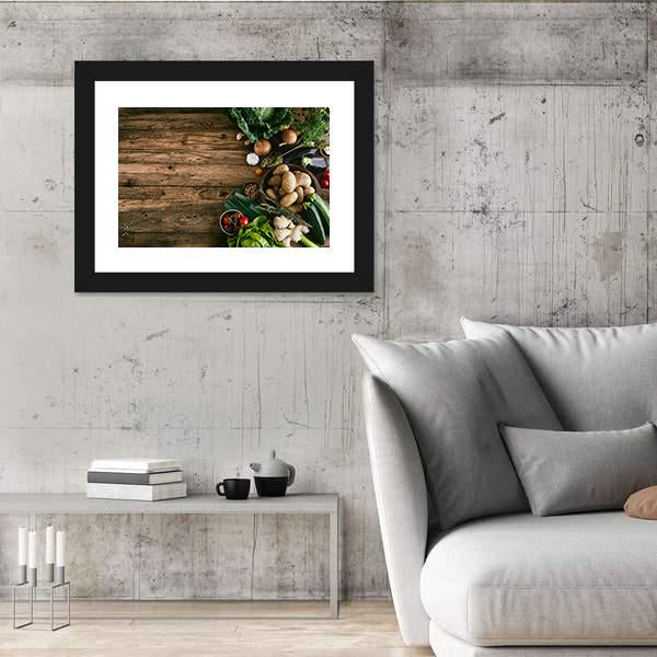 Vegetables On Wood Ready For Cooking Canvas Wall Art-3 Horizontal-Gallery Wrap-25" x 16"-Tiaracle