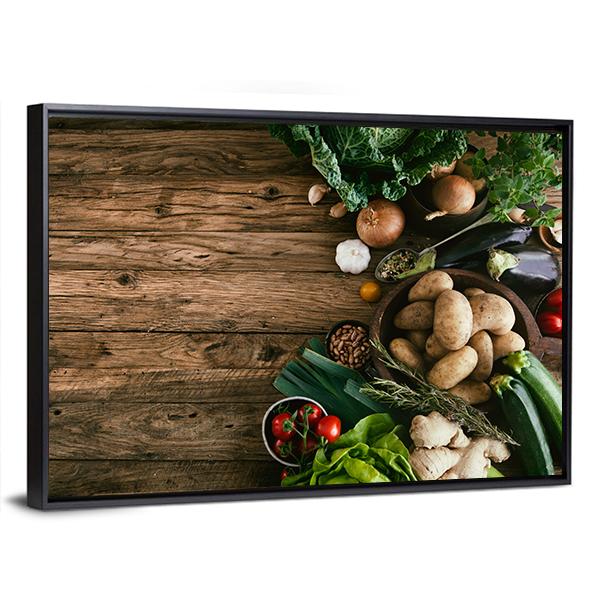 Vegetables On Wood Ready For Cooking Canvas Wall Art-3 Horizontal-Gallery Wrap-25" x 16"-Tiaracle