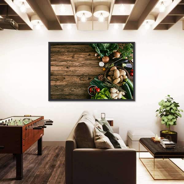 Vegetables On Wood Ready For Cooking Canvas Wall Art-3 Horizontal-Gallery Wrap-25" x 16"-Tiaracle