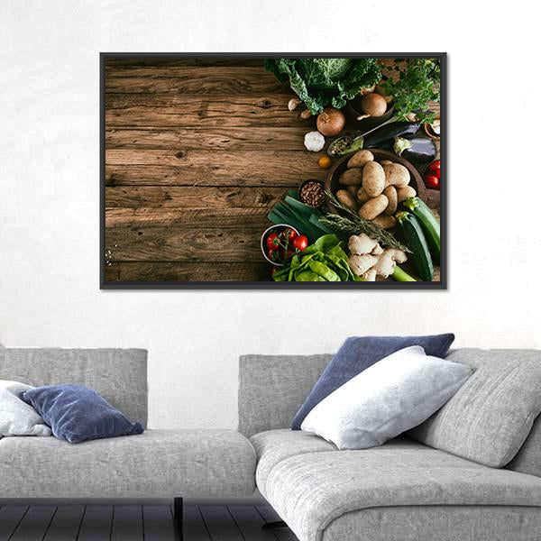 Vegetables On Wood Ready For Cooking Canvas Wall Art-3 Horizontal-Gallery Wrap-25" x 16"-Tiaracle