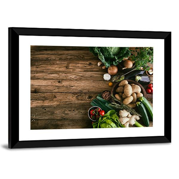 Vegetables On Wood Ready For Cooking Canvas Wall Art-3 Horizontal-Gallery Wrap-25" x 16"-Tiaracle