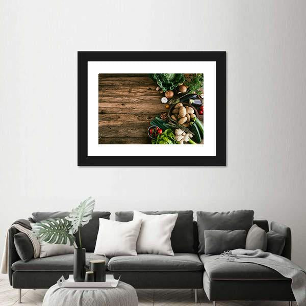 Vegetables On Wood Ready For Cooking Canvas Wall Art-3 Horizontal-Gallery Wrap-25" x 16"-Tiaracle