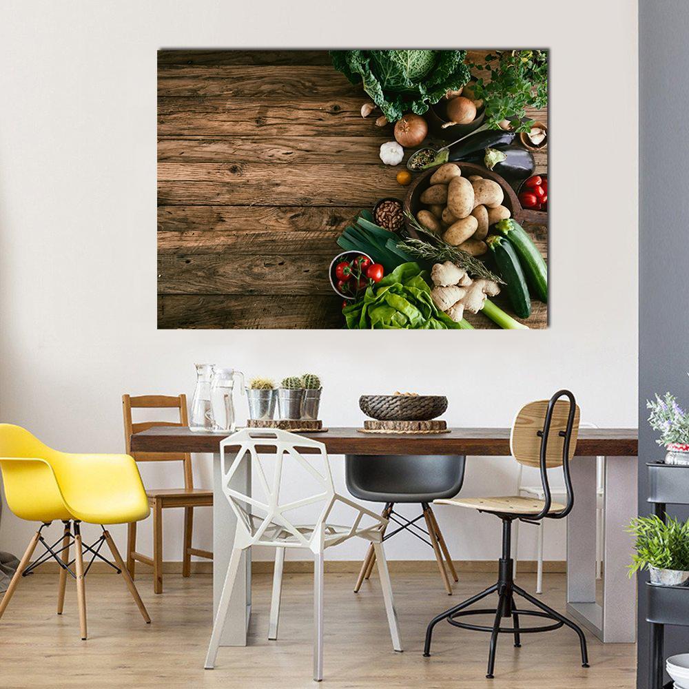 Vegetables On Wood Ready For Cooking Canvas Wall Art-1 Piece-Gallery Wrap-48" x 32"-Tiaracle