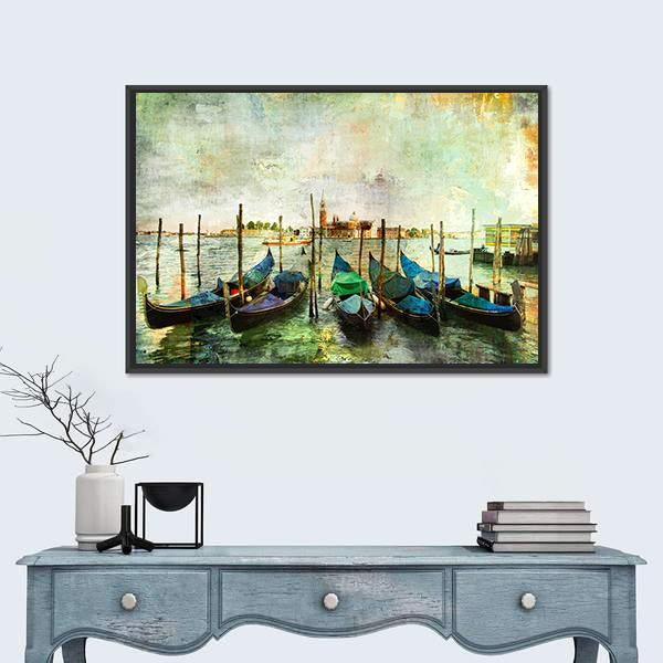 Venetian Gondolas - Painting Style Canvas Wall Art-1 Piece-Floating Frame-24" x 16"-Tiaracle