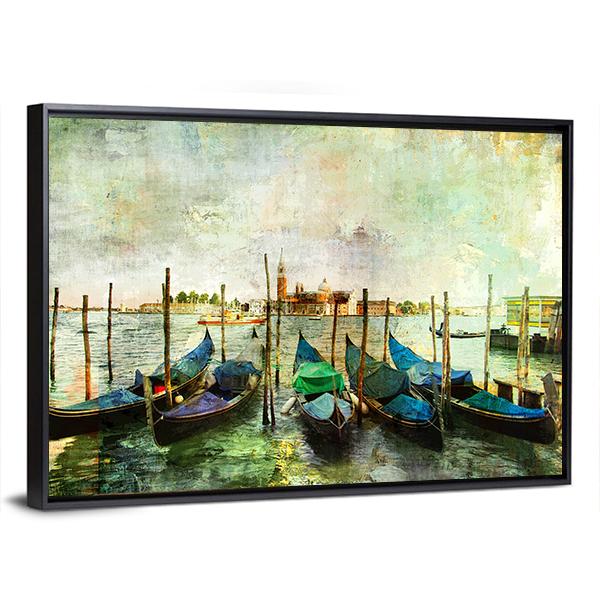 Venetian Gondolas - Painting Style Canvas Wall Art-3 Horizontal-Gallery Wrap-25" x 16"-Tiaracle