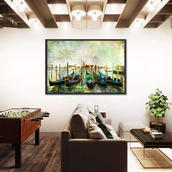 Venetian Gondolas - Painting Style Canvas Wall Art-3 Horizontal-Gallery Wrap-25" x 16"-Tiaracle