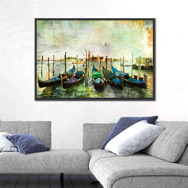 Venetian Gondolas - Painting Style Canvas Wall Art-3 Horizontal-Gallery Wrap-25" x 16"-Tiaracle