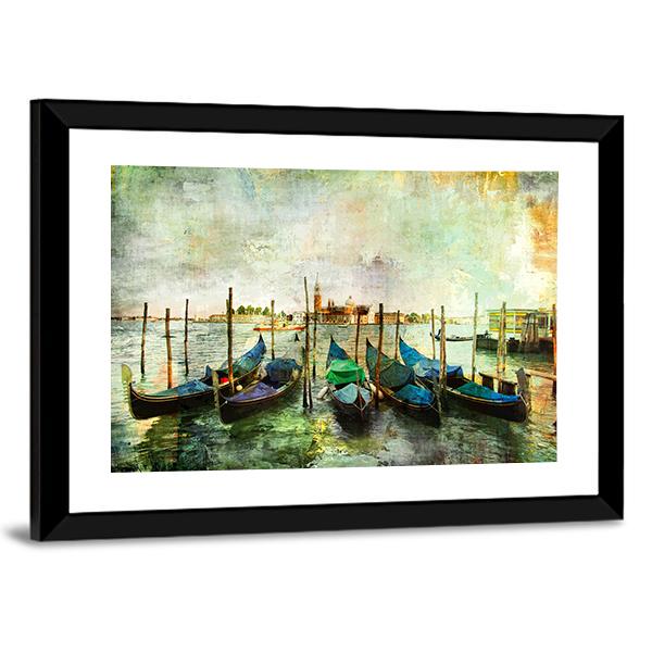 Venetian Gondolas - Painting Style Canvas Wall Art-3 Horizontal-Gallery Wrap-25" x 16"-Tiaracle