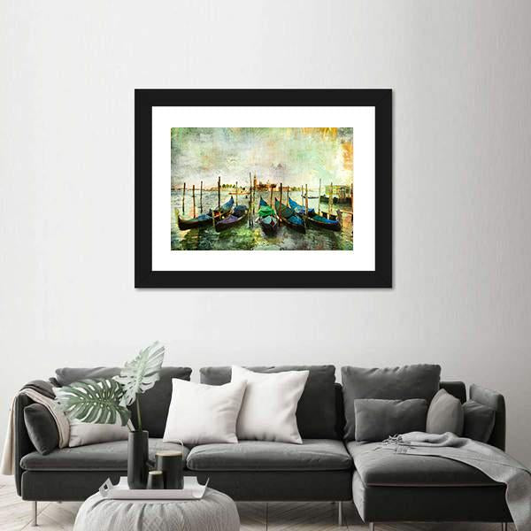 Venetian Gondolas - Painting Style Canvas Wall Art-3 Horizontal-Gallery Wrap-25" x 16"-Tiaracle