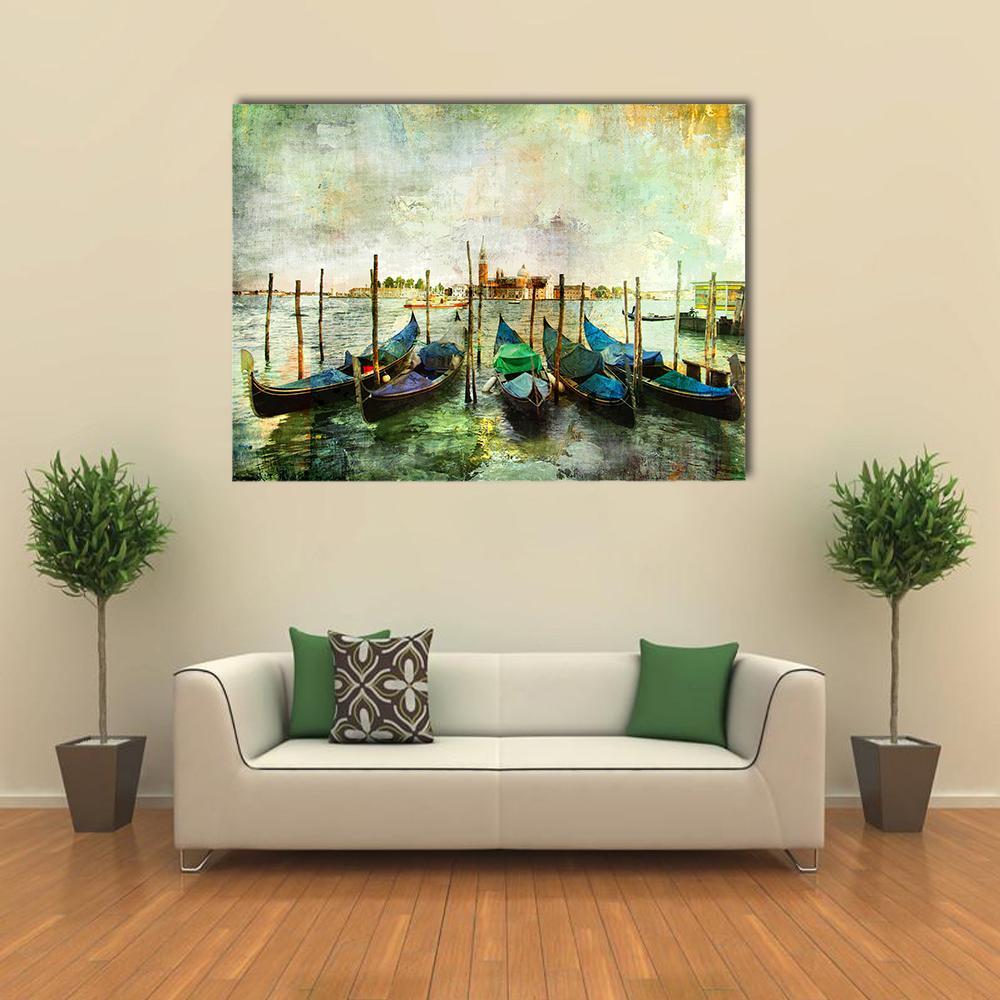 Venetian Gondolas - Painting Style Canvas Wall Art-1 Piece-Gallery Wrap-48" x 32"-Tiaracle