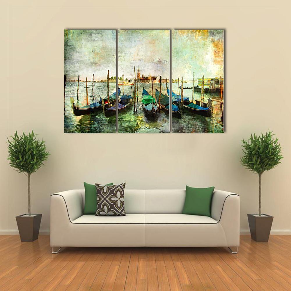 Venetian Gondolas - Painting Style Canvas Wall Art-3 Horizontal-Gallery Wrap-37" x 24"-Tiaracle