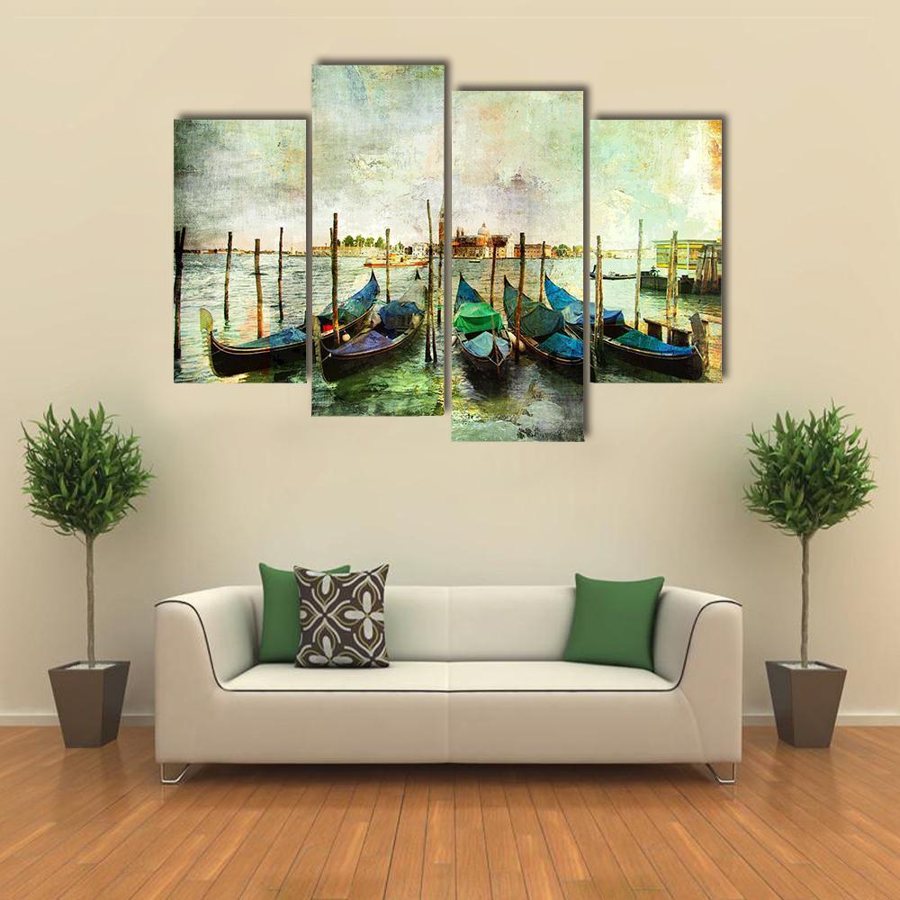 Venetian Gondolas - Painting Style Canvas Wall Art-4 Pop-Gallery Wrap-50" x 32"-Tiaracle