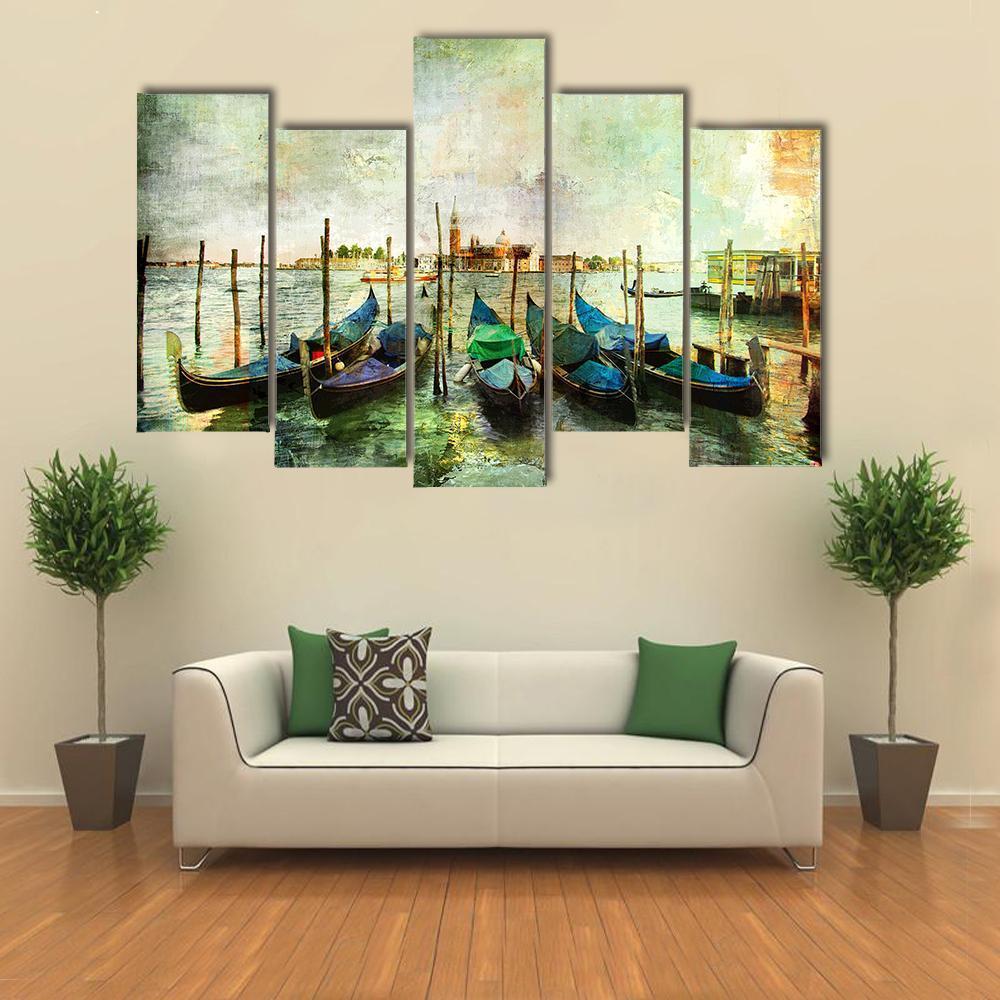 Venetian Gondolas - Painting Style Canvas Wall Art-5 Pop-Gallery Wrap-47" x 32"-Tiaracle