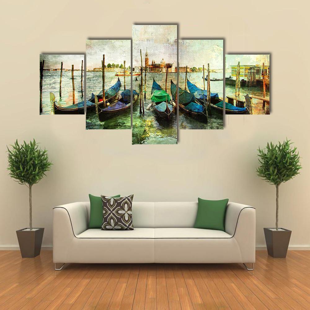 Venetian Gondolas - Painting Style Canvas Wall Art-5 Star-Gallery Wrap-62" x 32"-Tiaracle