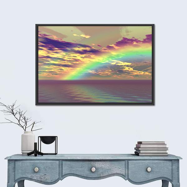 Vibrant Rainbow Appearing Over The Clouds And Sea Canvas Wall Art-1 Piece-Floating Frame-24" x 16"-Tiaracle