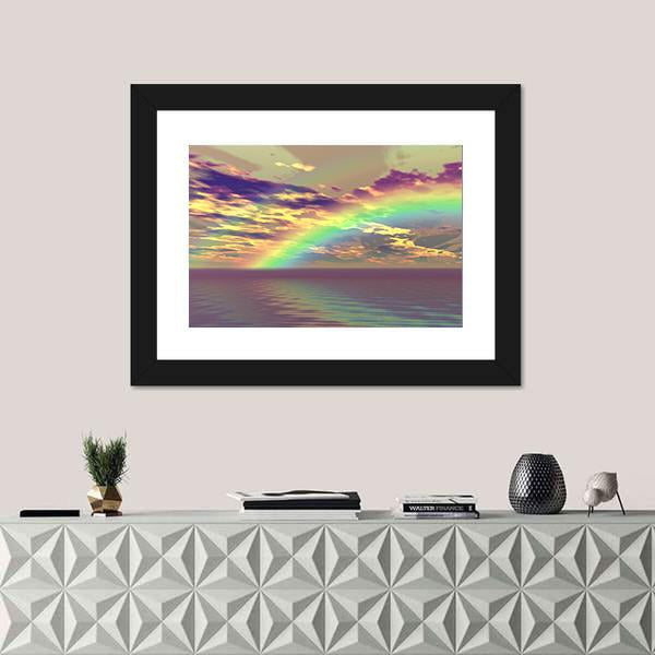 Vibrant Rainbow Appearing Over The Clouds And Sea Canvas Wall Art-1 Piece-Framed Print-20" x 16"-Tiaracle