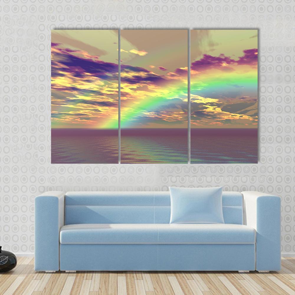 Vibrant Rainbow Appearing Over The Clouds And Sea Canvas Wall Art-3 Horizontal-Gallery Wrap-37" x 24"-Tiaracle