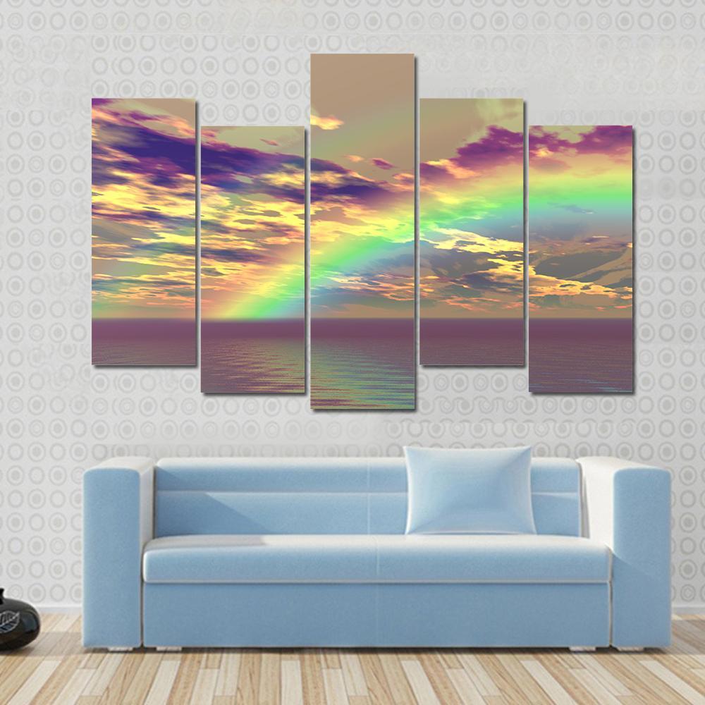 Vibrant Rainbow Appearing Over The Clouds And Sea Canvas Wall Art-5 Pop-Gallery Wrap-47" x 32"-Tiaracle