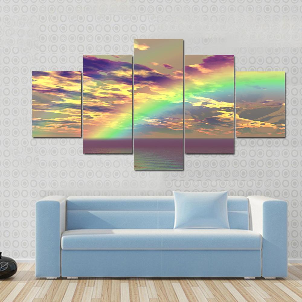 Vibrant Rainbow Appearing Over The Clouds And Sea Canvas Wall Art-5 Star-Gallery Wrap-62" x 32"-Tiaracle