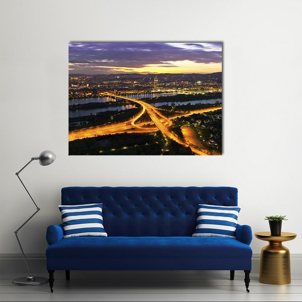 Vienna With Danube River Canvas Wall Art-1 Piece-Gallery Wrap-48" x 32"-Tiaracle