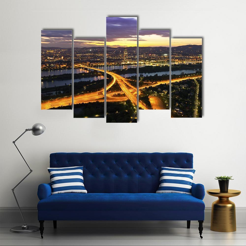 Vienna With Danube River Canvas Wall Art-5 Pop-Gallery Wrap-47" x 32"-Tiaracle