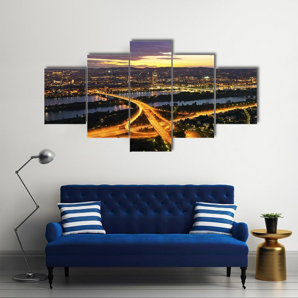 Vienna With Danube River Canvas Wall Art-5 Star-Gallery Wrap-62" x 32"-Tiaracle