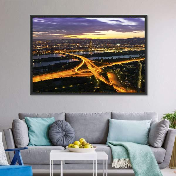 Vienna With Danube River Canvas Wall Art-3 Horizontal-Gallery Wrap-25" x 16"-Tiaracle