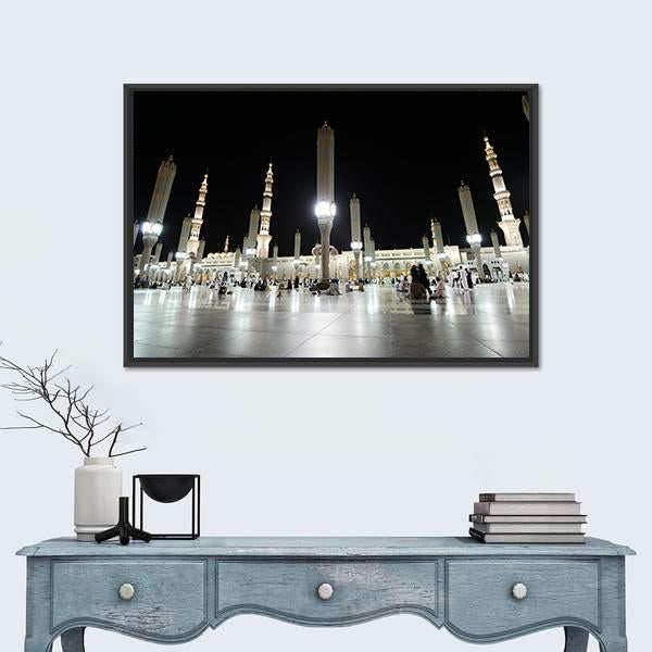 View Of Al Nabawi Mosque At Night Medinah Canvas Wall Art-1 Piece-Floating Frame-24" x 16"-Tiaracle