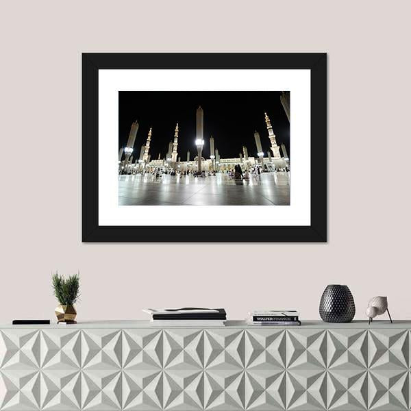 View Of Al Nabawi Mosque At Night Medinah Canvas Wall Art-1 Piece-Framed Print-20" x 16"-Tiaracle