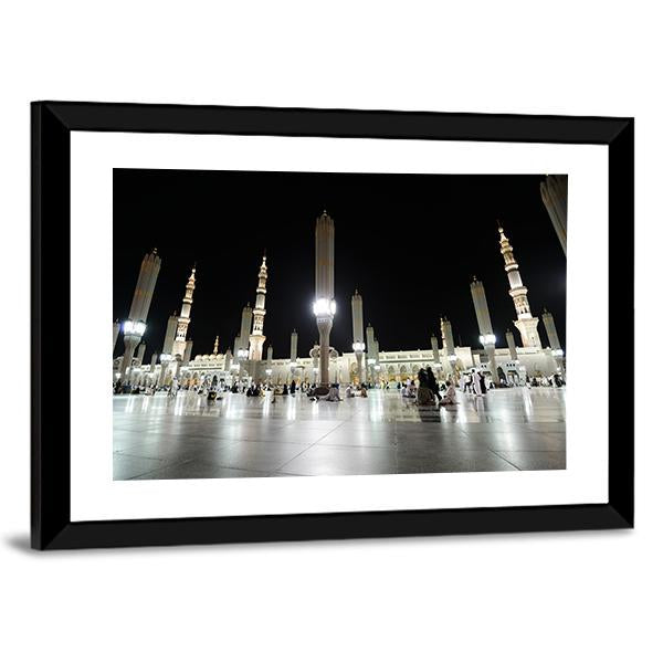 View Of Al Nabawi Mosque At Night Medinah Canvas Wall Art-3 Horizontal-Gallery Wrap-25" x 16"-Tiaracle