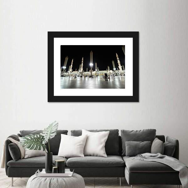 View Of Al Nabawi Mosque At Night Medinah Canvas Wall Art-3 Horizontal-Gallery Wrap-25" x 16"-Tiaracle