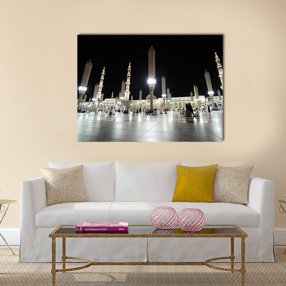 View Of Al Nabawi Mosque At Night Medinah Canvas Wall Art-1 Piece-Gallery Wrap-48" x 32"-Tiaracle