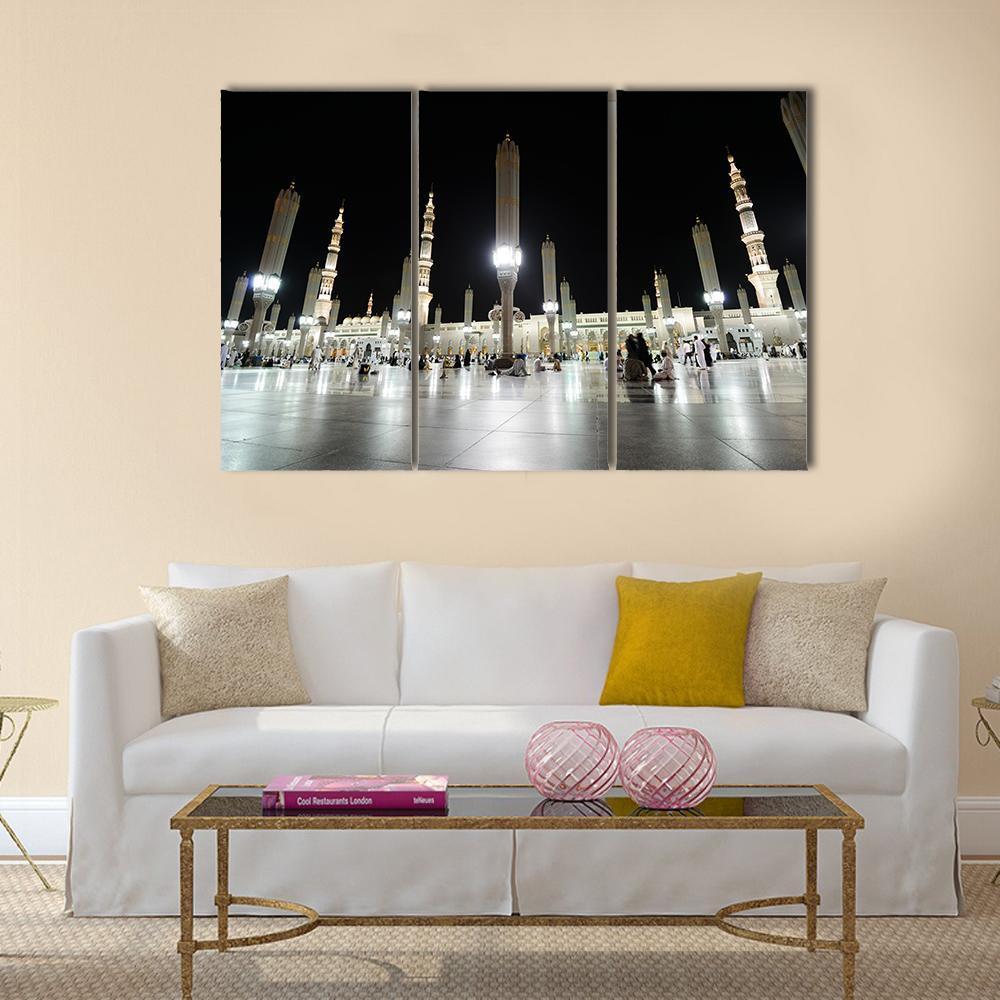 View Of Al Nabawi Mosque At Night Medinah Canvas Wall Art-3 Horizontal-Gallery Wrap-37" x 24"-Tiaracle