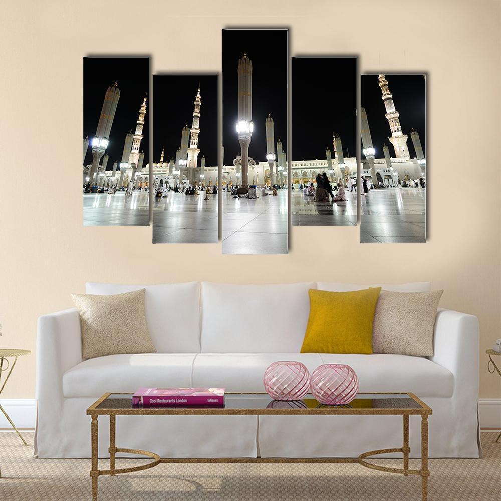 View Of Al Nabawi Mosque At Night Medinah Canvas Wall Art-5 Pop-Gallery Wrap-47" x 32"-Tiaracle