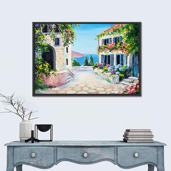 View Of An Old Street Near The Sea Canvas Wall Art-1 Piece-Floating Frame-24" x 16"-Tiaracle