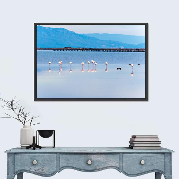 View Of Flamingo Group In Water Canvas Wall Art-1 Piece-Floating Frame-24" x 16"-Tiaracle