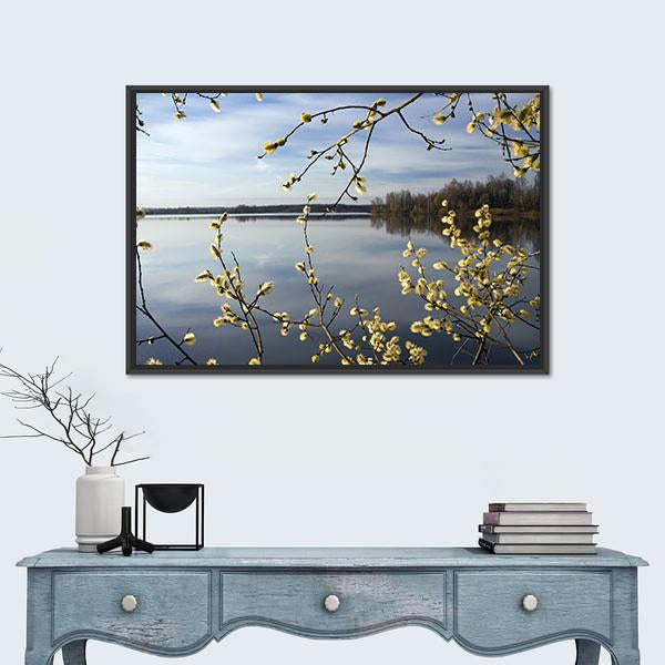 View Of Lake In Spring Canvas Wall Art-1 Piece-Floating Frame-24" x 16"-Tiaracle