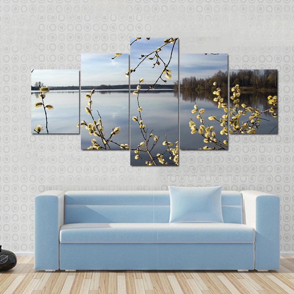 View Of Lake In Spring Canvas Wall Art-5 Star-Gallery Wrap-62" x 32"-Tiaracle