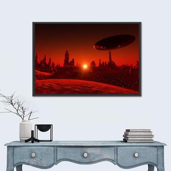 View Of Mars And Spaceship At Sunset Canvas Wall Art-1 Piece-Floating Frame-24" x 16"-Tiaracle