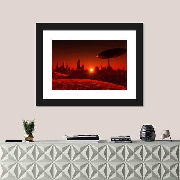 View Of Mars And Spaceship At Sunset Canvas Wall Art-1 Piece-Framed Print-20" x 16"-Tiaracle