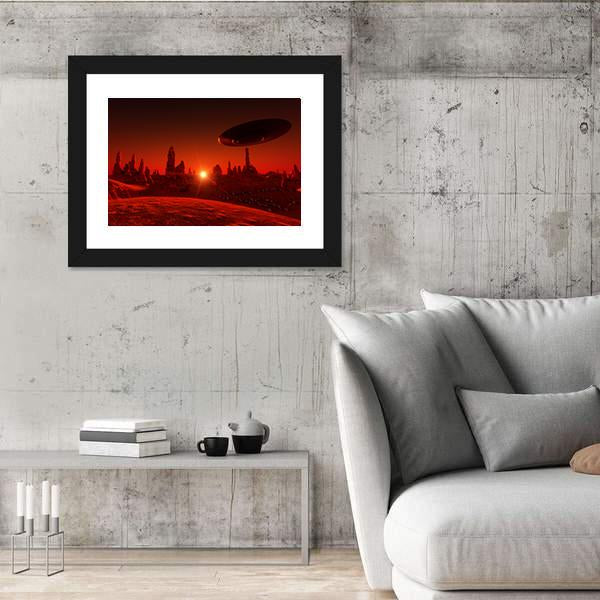 View Of Mars And Spaceship At Sunset Canvas Wall Art-3 Horizontal-Gallery Wrap-25" x 16"-Tiaracle