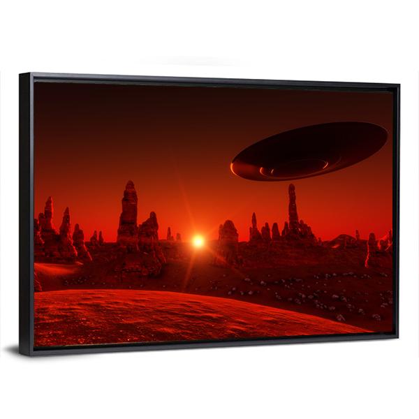 View Of Mars And Spaceship At Sunset Canvas Wall Art-3 Horizontal-Gallery Wrap-25" x 16"-Tiaracle