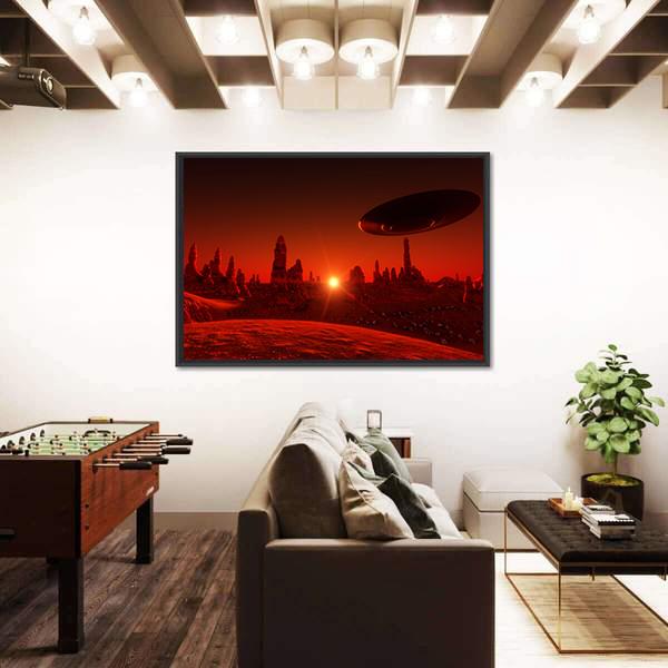 View Of Mars And Spaceship At Sunset Canvas Wall Art-3 Horizontal-Gallery Wrap-25" x 16"-Tiaracle