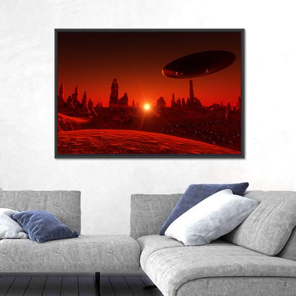 View Of Mars And Spaceship At Sunset Canvas Wall Art-3 Horizontal-Gallery Wrap-25" x 16"-Tiaracle