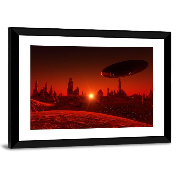 View Of Mars And Spaceship At Sunset Canvas Wall Art-3 Horizontal-Gallery Wrap-25" x 16"-Tiaracle