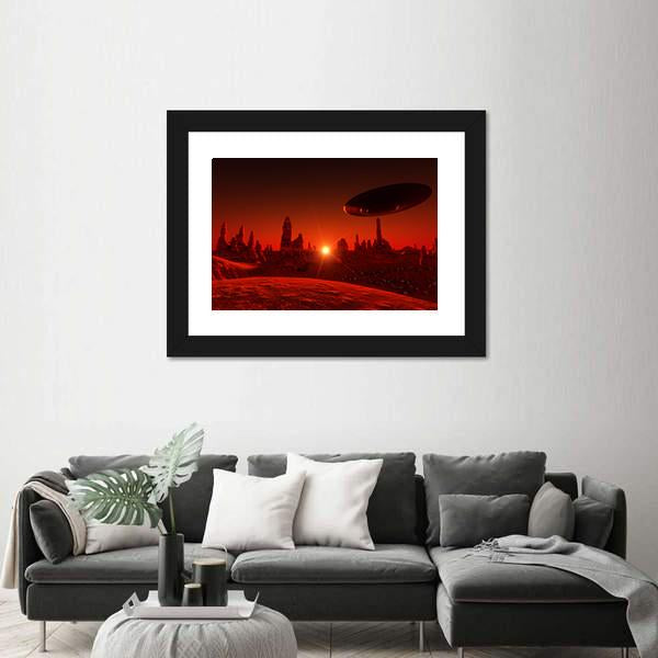 View Of Mars And Spaceship At Sunset Canvas Wall Art-3 Horizontal-Gallery Wrap-25" x 16"-Tiaracle