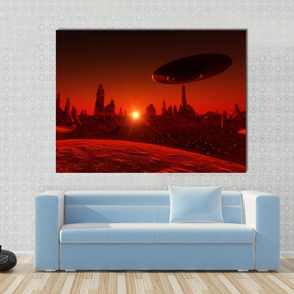 View Of Mars And Spaceship At Sunset Canvas Wall Art-1 Piece-Gallery Wrap-48" x 32"-Tiaracle